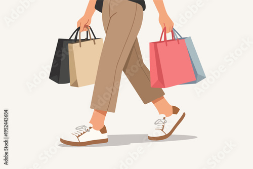 Person walking with colorful shopping bags illustrating retail therapy, consumer lifestyle, and sale purchases
