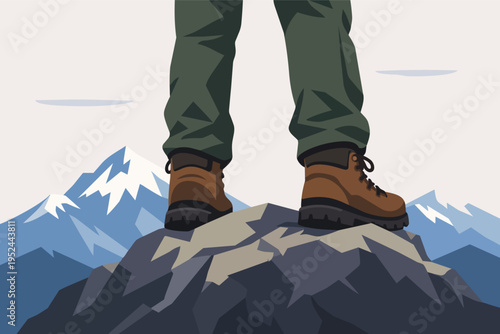 Hiker standing on rocky mountain peak, achieving summit success, enjoying outdoor adventure and freedom