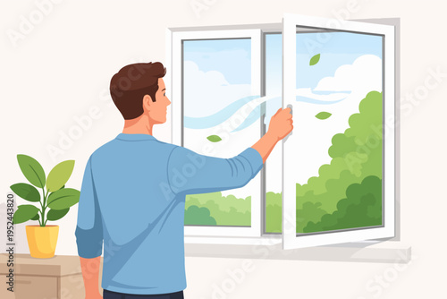 Man opening window for fresh air and ventilation, enjoying clean breeze and healthy lifestyle at home