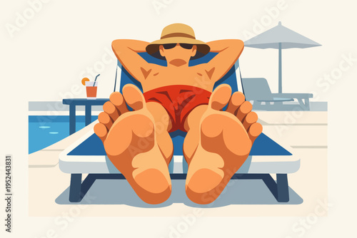 Man relaxing on a lounge chair by the swimming pool, enjoying summer vacation and leisure time