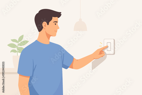 Man hand switching on light button, illustrating home electricity use and energy management concept