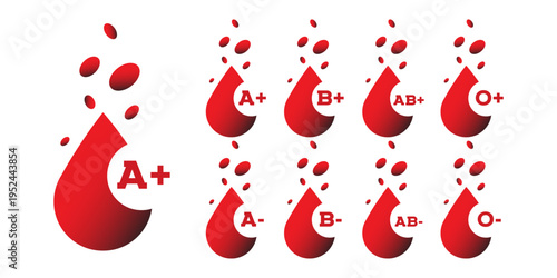 Illustrative set of eight human blood type icons for medical and healthrelated content. Features red blood drops with A, A, B, B, AB, AB, O, O.