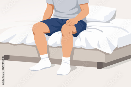 Man waking up in bed wearing pajamas, starting daily morning routine, feeling well-rested at home