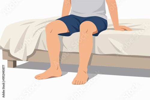 Person sitting on bed edge, feet touching floor at dawn, barefoot and relaxed in pajamas, starting a calm morning routine