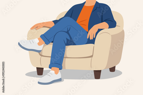 Person relaxing on armchair, crossing legs in casual outfit, enjoying comfort and leisure at home