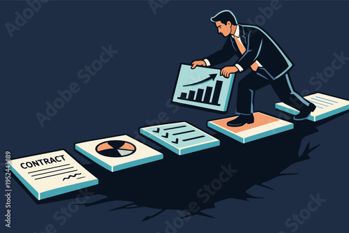 Businessman building a path to success, placing growth charts and plans across a gap, developing a strategy