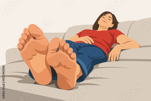 Woman relaxing on sofa with bare feet up, enjoying comfort and leisure at home, taking a peaceful nap