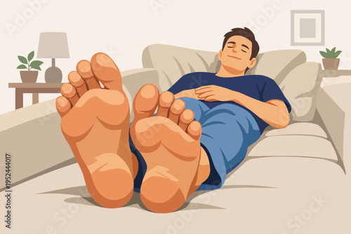 Man relaxing on sofa, feet up and eyes closed, finding peace and comfort at home during leisure time