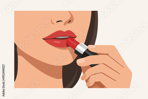 Woman applying red lipstick, enhancing beauty and glamour, a self-care routine for vibrant lips