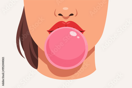 Woman blowing a large pink bubble gum, cartoon vector showing red lips and a nose on a light background