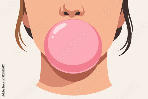 Girl blowing a big bubblegum bubble, chewing pink candy, pop culture, sweet treat, fun and playful illustration