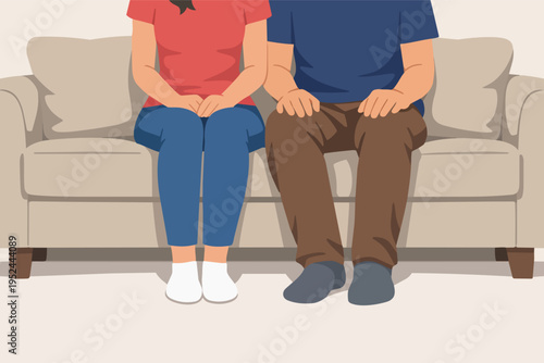Couple sitting formally on a sofa, communicating discomfort silently with physical distance, showing social awkwardness