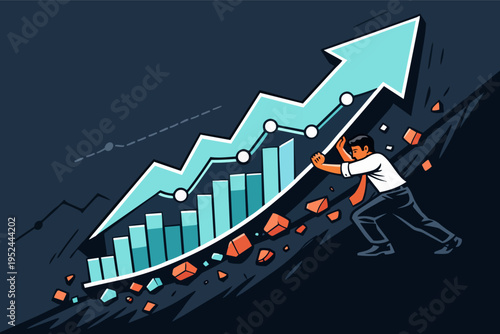 Businessman pushing uphill with a rising growth chart, symbolizing effort, progress, and financial success