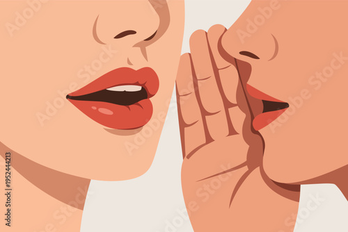 Person whispering a secret or gossip into another person's ear, sharing rumors and private information