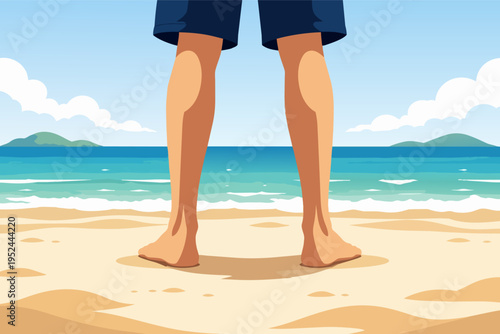 Person's legs standing on beach sand facing tropical ocean waves with blue sky on vacation