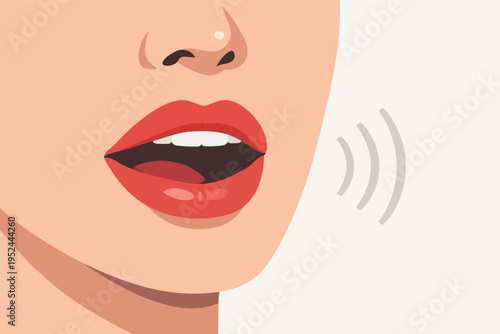 Woman's mouth speaking, red lips forming words with sound waves representing communication and speech