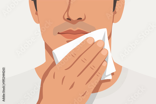 Man's hand wiping mouth area with a white tissue, promoting personal hygiene, cleanliness, and skin care
