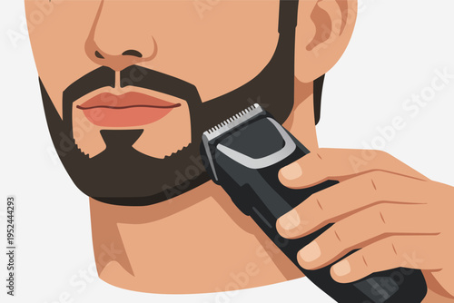 Man shaving beard with electric trimmer, male grooming routine, precise facial hair styling, personal hygiene vector