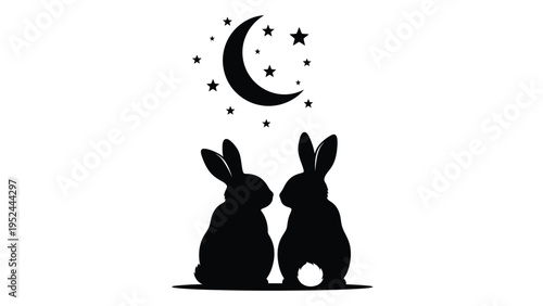 Silhouetted rabbits gaze at a crescent moon and twinkling stars in a night scene