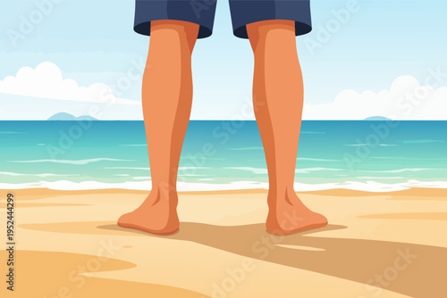 Person standing on a sandy tropical beach enjoying summer vacation and ocean view, feeling relaxation