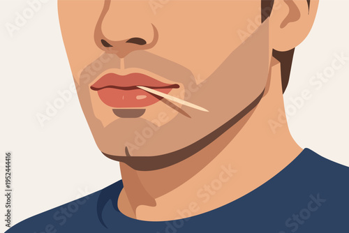 Close-up of a man's face with a toothpick in his mouth, demonstrating post-meal oral care and hygiene practices