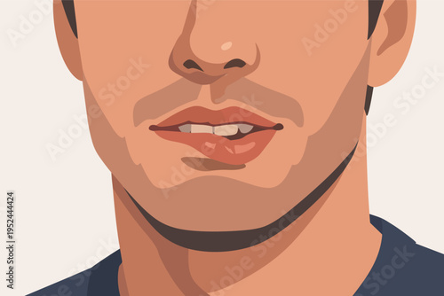 Man biting lower lip for desire or shyness concept. Minimalist vector illustration showing mouth, lips, and teeth