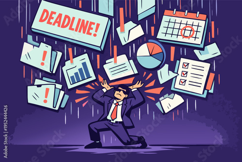 Businessman kneeling, trying to protect himself from falling documents, folders, charts, and a calendar with a deadline marker