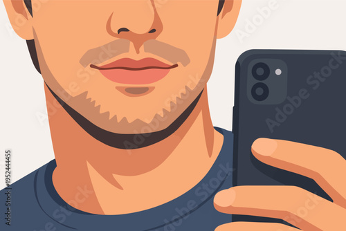 Young man holding a smartphone, making a selfie, portraying social media and modern communication concepts