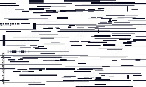 Abstract pattern featuring dark blue horizontal and vertical lines, bars, and dashes on a white background, suggesting a digital glitch, data stream, or modern technical design.