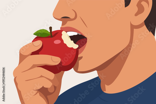 Person biting a red apple, enjoying a healthy fruit snack for nutrition and well-being, eating fresh food
