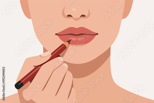 Woman's hand holding a lip liner pencil, carefully applying it to contour her lips. Beauty routine and cosmetics