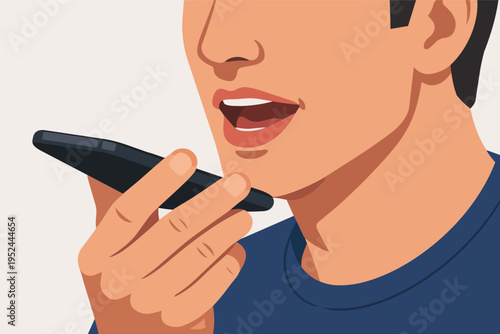 Man using smartphone for voice assistant, talking to ai with speech recognition technology, recording audio message