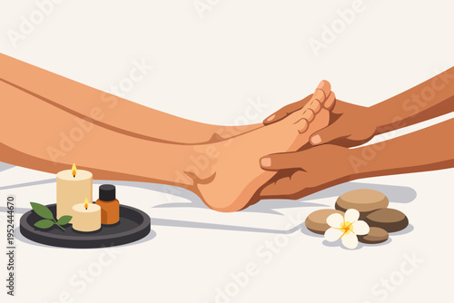 Foot massage therapy receiving a relaxing spa treatment with essential oils and candles for wellness and self-care