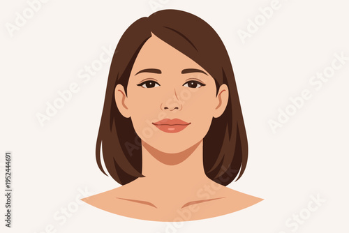 Young brunette woman face vector avatar, portraying beauty, health, and wellness. Ideal for user profiles and identity