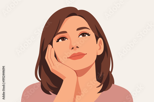 Young woman contemplating, looking up with a positive expression. Portraying dreams, thoughts, hope, and imagination