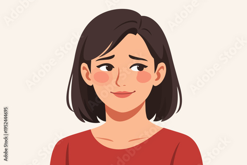 Young woman feeling embarrassed, shy, and awkward, blushing with a guilty expression and looking away