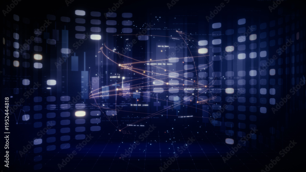 Fototapeta premium Futuristic global financial data visualization, world map and digital globe with candlestick chart, stock trading analytics, forex market dashboard, fintech infographic, big data interface