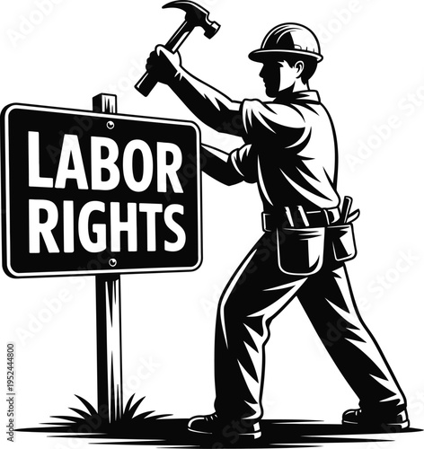 Labor rights symbol worker with hammer and sign black and white vector illustration on transparent background