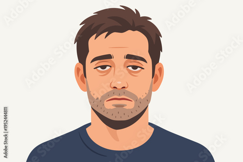 Headshot of a man feeling tired with disheveled hair and dark circles beneath his eyes, showing exhaustion