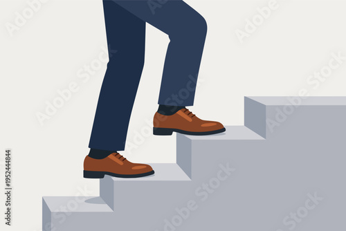 Person walking upstairs, moving up for business success and career advancement, progress and growth concept