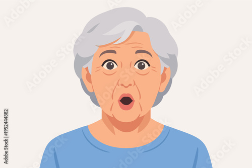 Elderly woman expressing surprise, wide eyes and open mouth showing shock, senior adult looking astonished