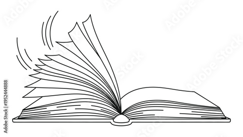 An open book with pages fanning out depicted in a simple black and white line drawing