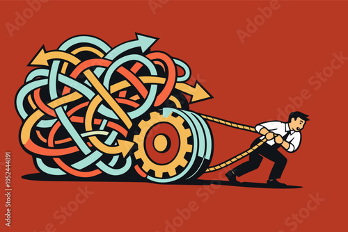 Businessman finding solution to complex problem, unraveling tangled arrows, simplifying chaos with strategy