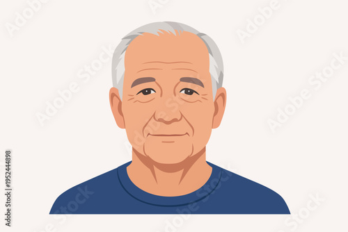 Senior man cartoon close-up portrait with grey hair and wrinkles representing aging, retirement, and wisdom