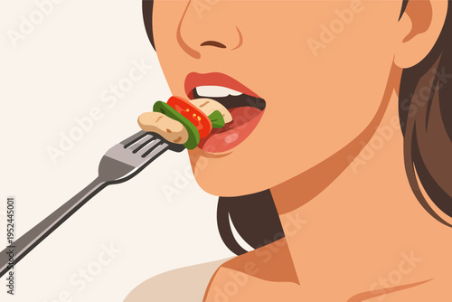 Woman eating fresh healthy organic food with a fork, promoting balanced nutrition and wellness lifestyle