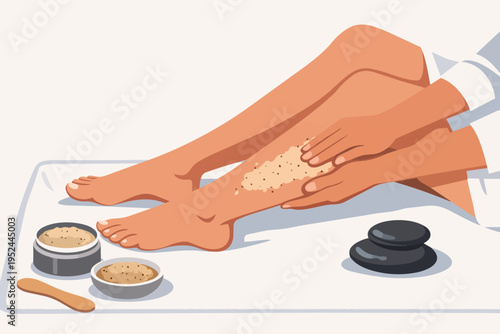 Woman receiving leg exfoliation, spa therapist applying body scrub for skin cleansing and beauty treatment