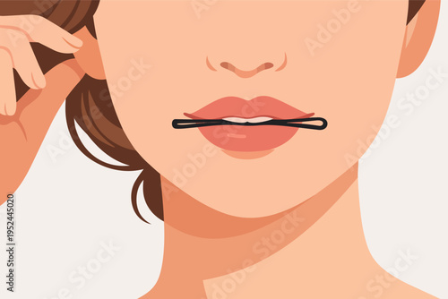 Woman holding bobby pin in mouth for hair styling, creating an elegant updo or hairstyle in a beauty routine