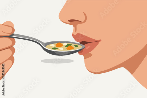 Person eating soup from a spoon, enjoying a healthy meal for lunch or dinner, having nutritious liquid food