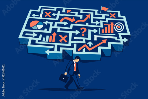 Businessman feeling overwhelmed by complex business decisions, navigating challenges and seeking solutions in a maze representing strategy