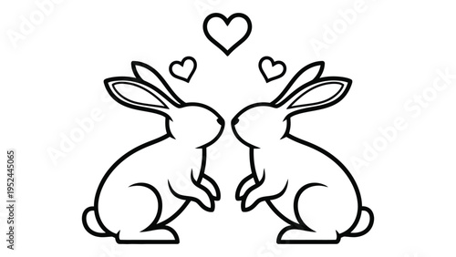 Two rabbits facing each other with hearts floating above in a simple line art style